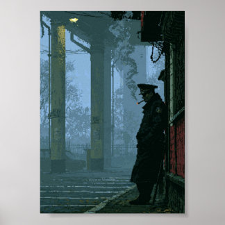 Retro-Pixel-Art-Noir-Offizier raucht Poster