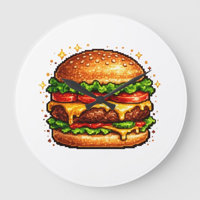 Retro-Pixel-Cheeseburger-Uhr Große Wanduhr (Vorderseite)