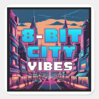 Retro Pixel City Quadratischer Aufkleber