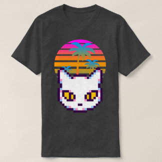 Retro-Pixel-Kitty-Katze-Palm-Bäume-Sonnenuntergang T-Shirt