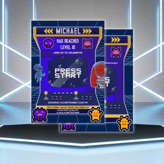 Retro Pixels Video Game Arcade Geburtstagsparty Einladung (Arcade Video Game Birthday Party Invitation)