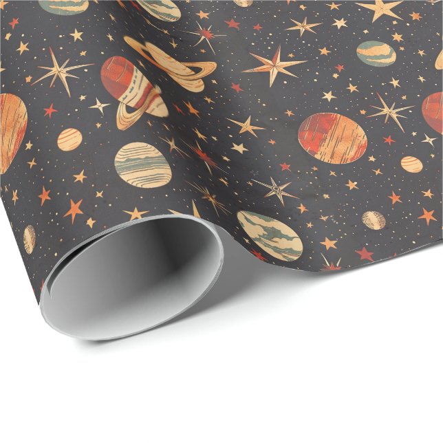 Retro Planet Space Theme Geschenkpapier (Rolleneckpunkt)