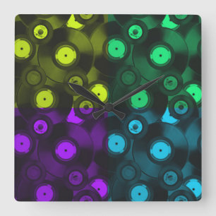 Retro Platten Neonfarbige Collage Quadratische Wanduhr