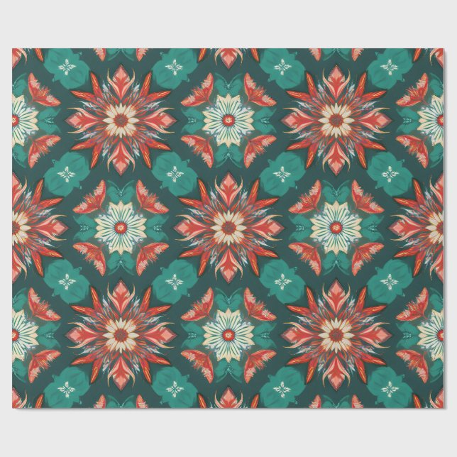 Retro Poinsettia Burst Christmas Pattern Geschenkpapier (Flach)