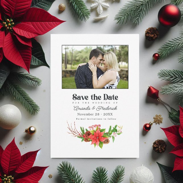 Retro Poinsettia Fahrradweih Weihnachtszeit QR Cod Save The Date (Retro Poinsettia Bicycle Christmas Wedding QR Code Save The Date)