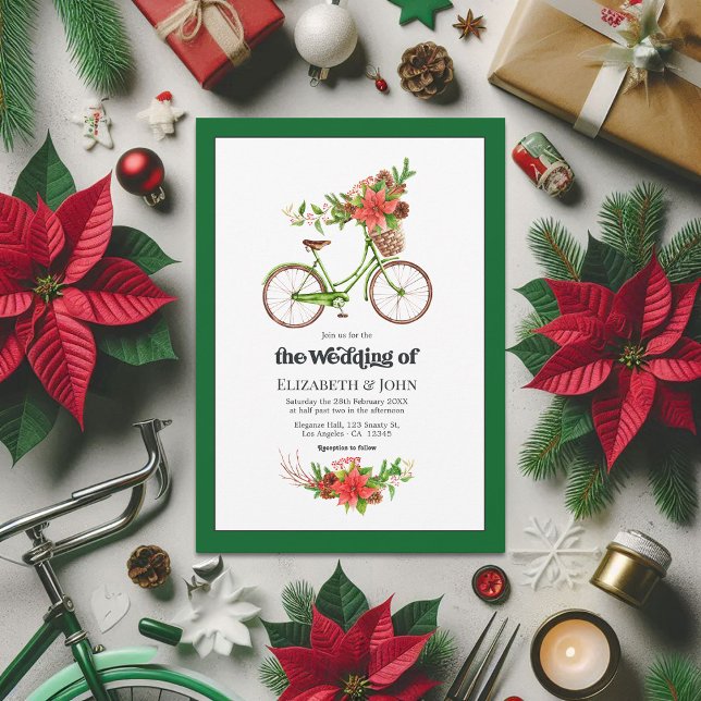 Retro Poinsettia Fahrradweihnachtsfeier Einladung (Retro Poinsettia Bicycle Christmas Wedding Invitation)