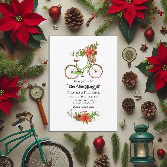 Retro Poinsettia Fahrradweihnachtsfeier Hochzeit Einladung (Retro Poinsettia Bicycle Christmas Holiday Wedding Invitation)