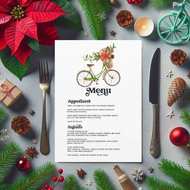 Retro Poinsettia Fahrradweihnachtsfeier Hochzeit Menükarte (Retro Poinsettia Bicycle Christmas Holiday Wedding Menu)
