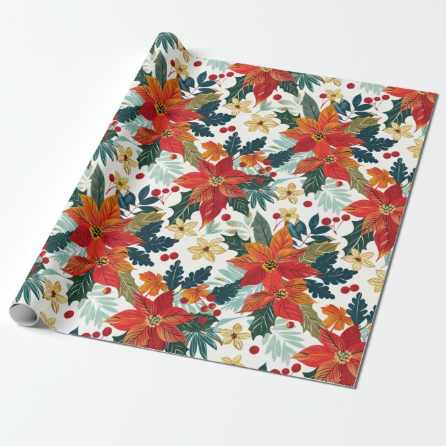 Retro Poinsettia Weihnachtswrapping Paper Geschenkpapier (Ungerollt)