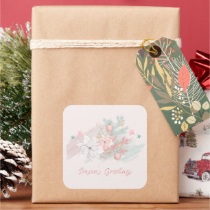 Retro Poinsettias Wasserfarben Rosa und Grün Quadratischer Aufkleber