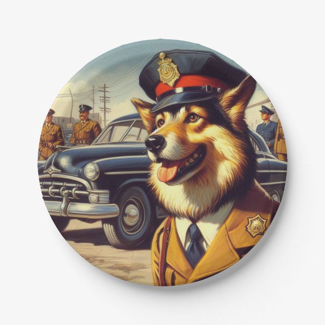 Retro Police Dog Painting Pappteller (Vorderseite)