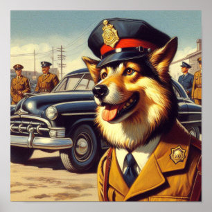 Retro Police Dog Painting Poster