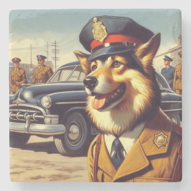 Retro Police Dog Painting Steinuntersetzer (Vorderseite)
