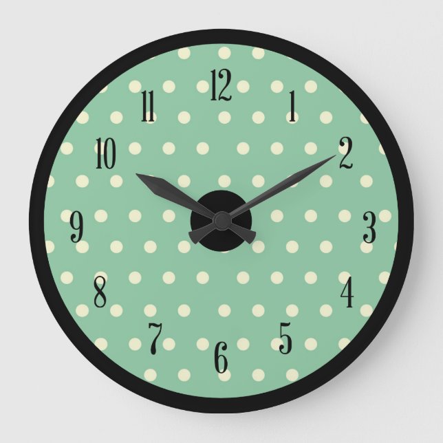 Retro Polka Dot mit schwarzen Akzenten Große Wanduhr (Vorderseite)