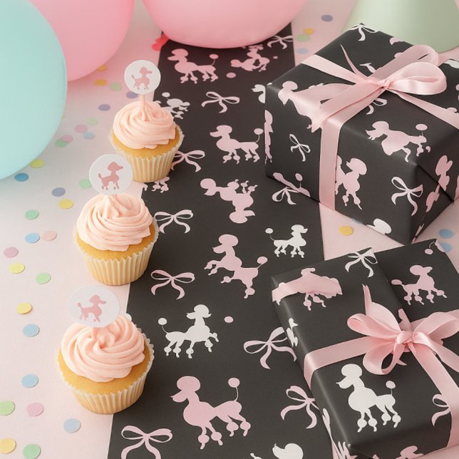 Retro Poodle & Bow Pink, White & Black Chic Geschenkpapier (Von Creator hochgeladen)