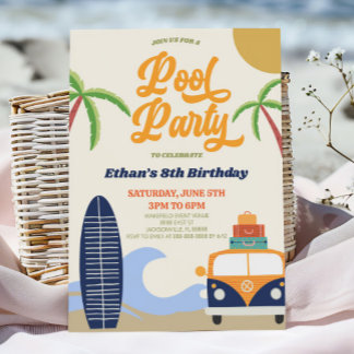 Retro Pool Party Surf Board Geburtstagsparty Einladung