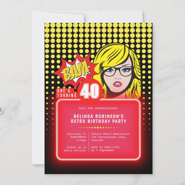 Retro-Pop Art. 40 (oder jedes Alter) Einladung (Vorderseite)