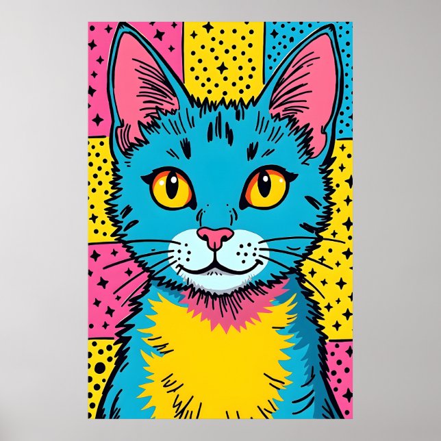 Retro Pop Art 80's Style Blue Cat Poster (Vorne)