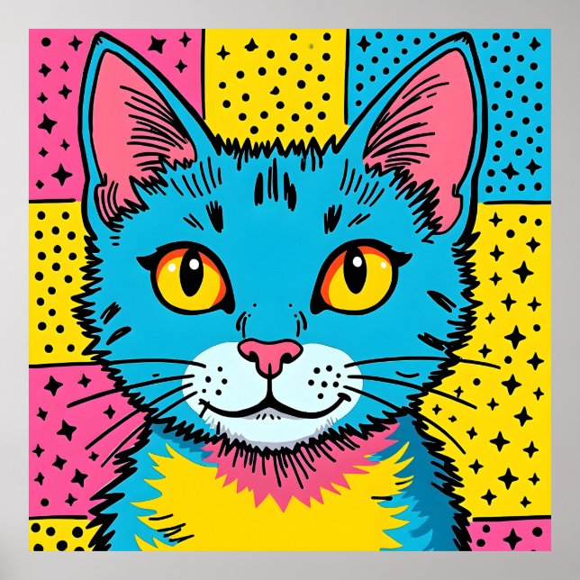 Retro Pop Art 80's Style Blue Cat Poster (Vorne)