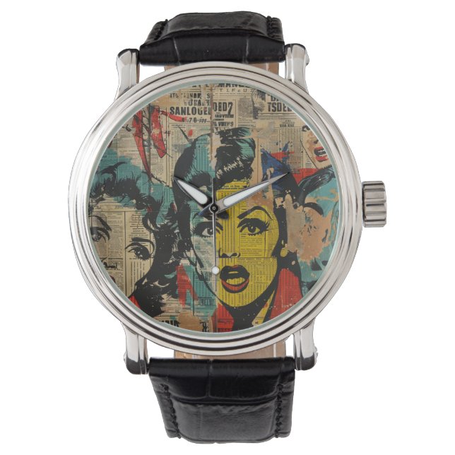 Retro Pop Art Collage Watch Armbanduhr (Vorderseite)
