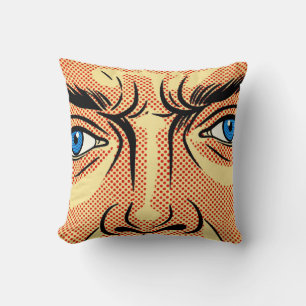 Retro-Pop-Art-Comic-Gesicht Blaue Augen Rote Punkt Kissen