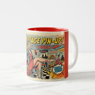 Retro-Pop-Art-Diner-Pin-Up-Girl-Vintage-Comic-Post Zweifarbige Tasse