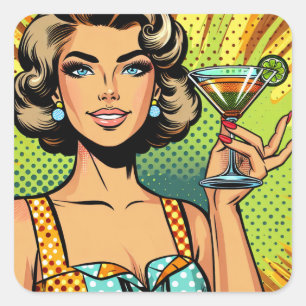 Retro-Pop-Art-Frau mit Cocktail Prost Quadratischer Aufkleber