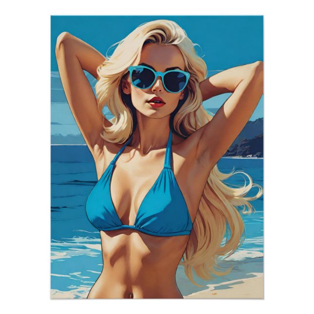 Retro Pop Art: Glamour Blonde in Blue Bikini Poster (Vorderseite)