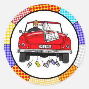 Retro Pop Art Herr & Frau Gerade Geheiratet Runder Aufkleber