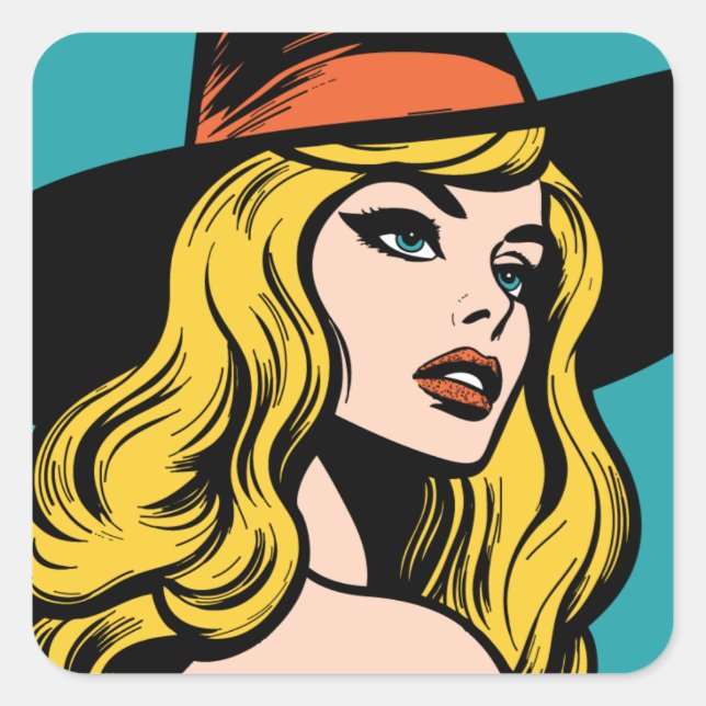 Retro Pop Art Hexe Quadratischer Aufkleber (Vorderseite)