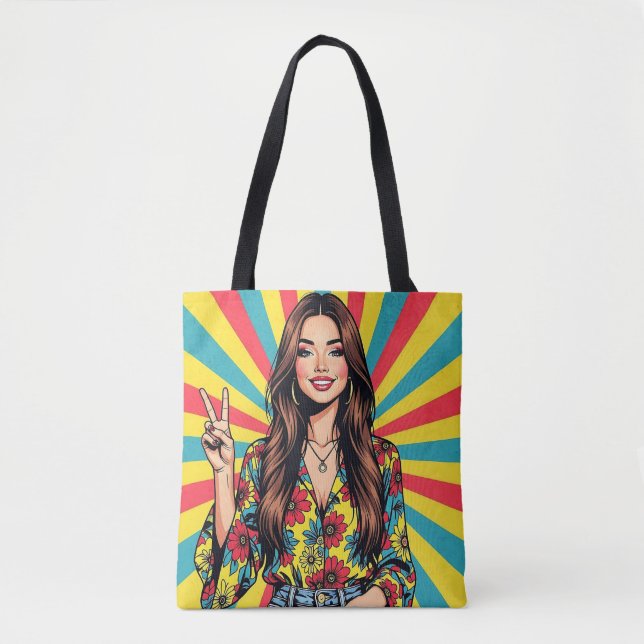 Retro Pop Art Lady giving Peace Sign (Vorderseite)
