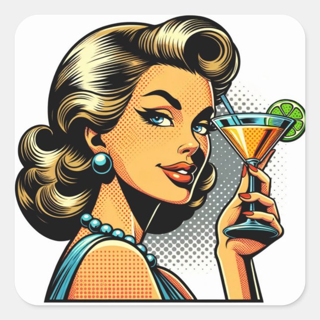 Retro Pop Art Lady mit Cocktail | Beifall Quadratischer Aufkleber (Vorderseite)