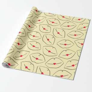 Retro-Pop-Art-Linienkunst Lippen & Herzen Gelb Geschenkpapier