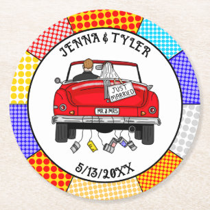 Retro Pop Art Mr & Mrs.   Nur Verheiratet Got Runder Pappuntersetzer