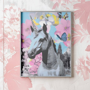 Retro-Pop-Art-Rosa- und Blaues Einhorn-Collage Poster