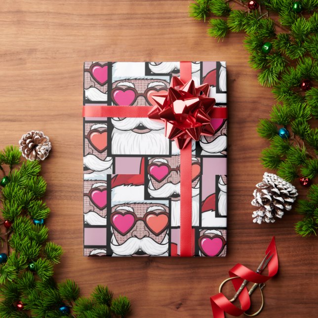 Retro Pop Art Santa Heart Glasses Comic Style Geschenkpapier (Feiertagsgeschenk)