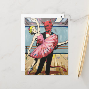 Retro-Pop-Art-Teufel mit Balletttänzerin Postkarte