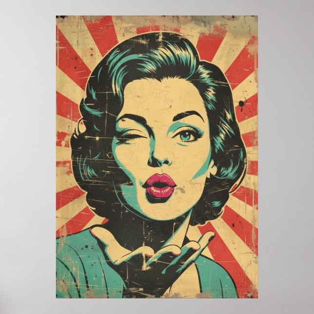 Retro-Pop-Art: Zwinkern und Kuss Poster (Vorne)