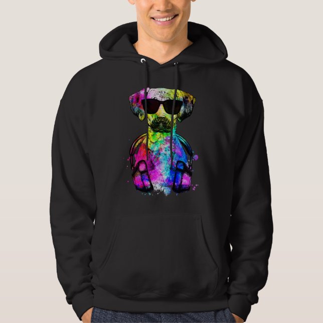Retro Pop Black Mouth Cur Dog Portrait with Headph Hoodie (Vorderseite)