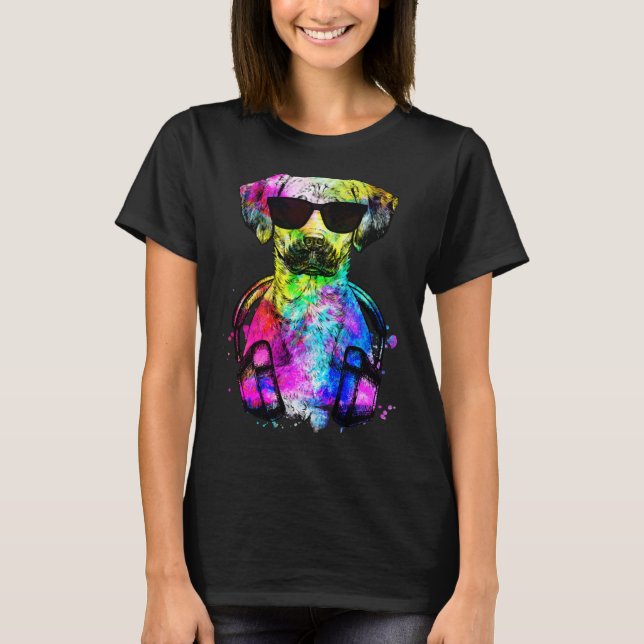 Retro Pop Black Mouth Cur Dog Portrait with Headph T-Shirt (Vorderseite)