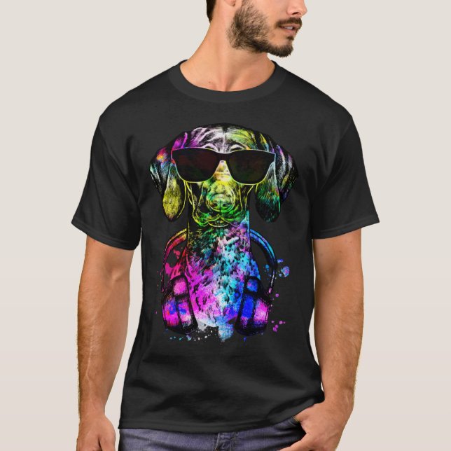 Retro Pop GSP Hundeportrait mit Kopfhörern T-Shirt (Vorderseite)