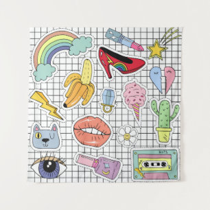 Retro Pop Kunst, Dichtung und Musik Abzeichen Coll Wandteppich