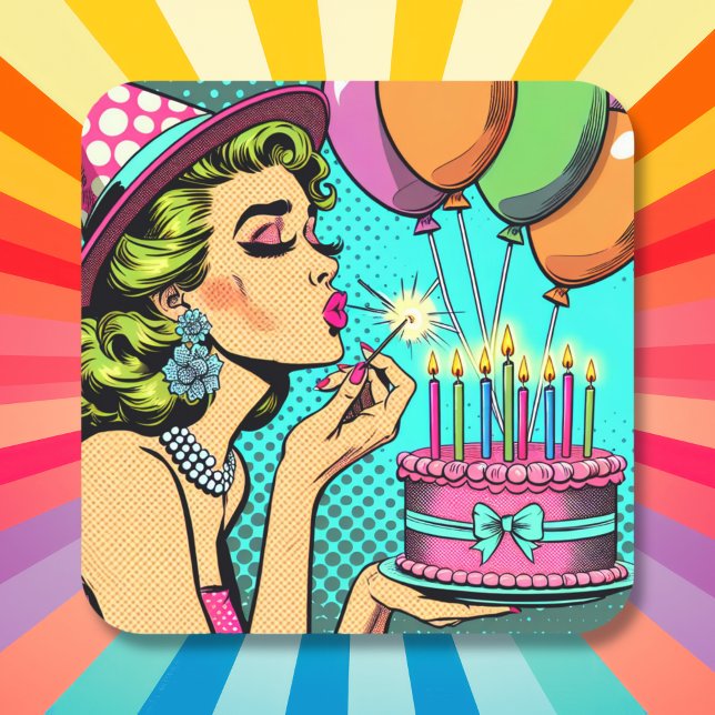 Retro Pop Pinup Giro und Birthday Cake Quadratischer Aufkleber (Von Creator hochgeladen)