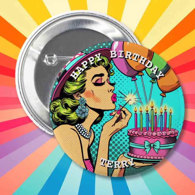 Retro Pop Pinup Personalisierter Geburtstag Button (Von Creator hochgeladen)