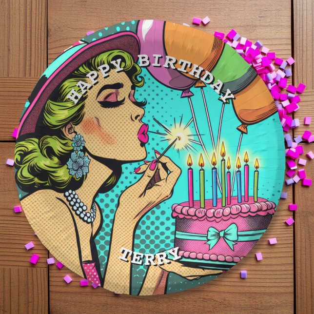 Retro Pop Pinup Personalisierter Geburtstag Pappteller (Von Creator hochgeladen)