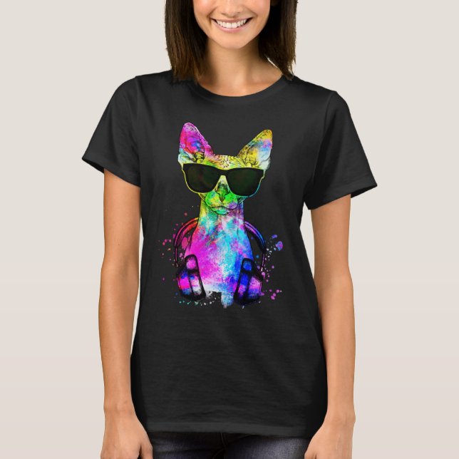 Retro Pop Sphynx Kat Portrait mit Kopfhörer T-Shirt (Vorderseite)