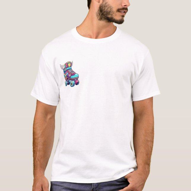 Retro-Pop Winged Roller Skate with Vibrant Neon T-Shirt (Vorderseite)