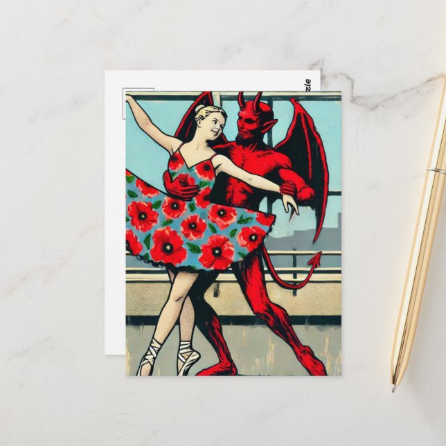 Retro PopArt Devil Mit Ballerina in einem Mohnklei Postkarte (Vorderseite/Rückseite Beispiel)