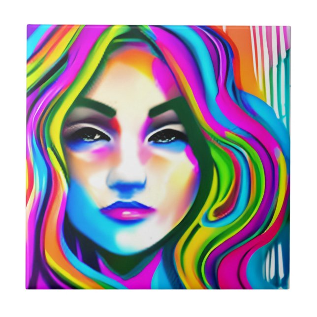 Retro-Portrait einer Frau mit Regenbogenhaar Fliese (Vorderseite)