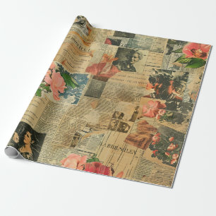 Retro-Porträt-Orchideen-Zeitungs-Botanik-Collage Geschenkpapier